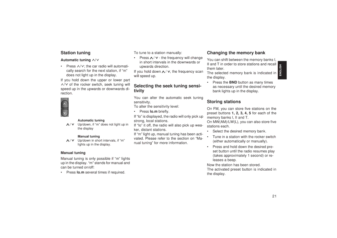 Blaupunkt RCR 27 Station tuning, Selecting the seek tuning sensi- tivity, Changing the memory bank, Storing stations 