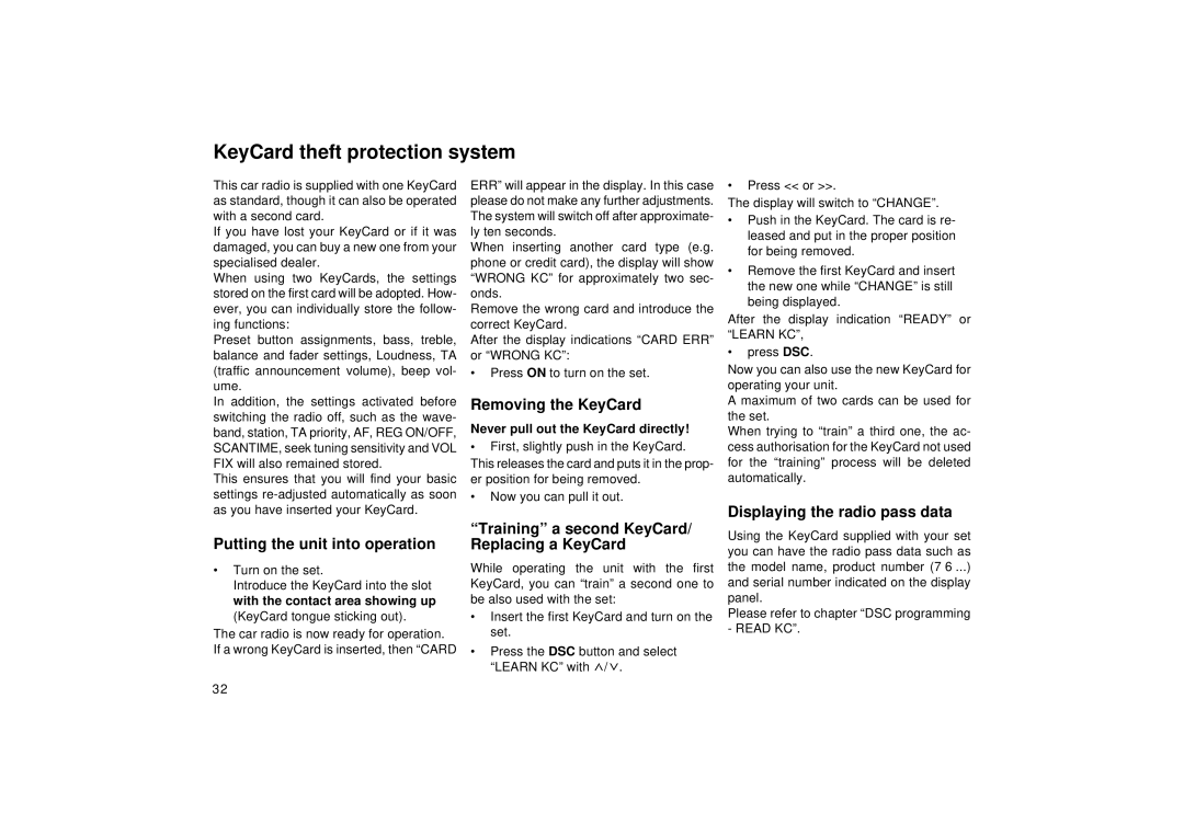 Blaupunkt RD 126 operating instructions KeyCard theft protection system, Removing the KeyCard, Replacing a KeyCard 