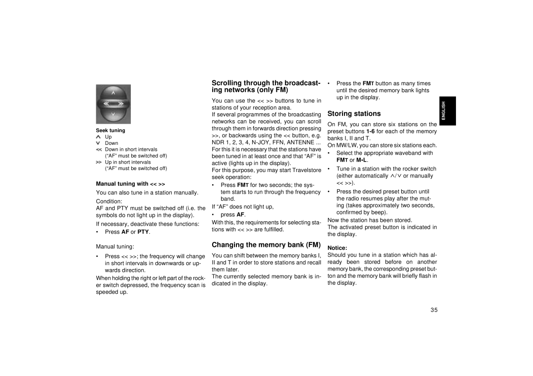 Blaupunkt RD 126 Scrolling through the broadcast- ing networks only FM, Changing the memory bank FM, Storing stations 