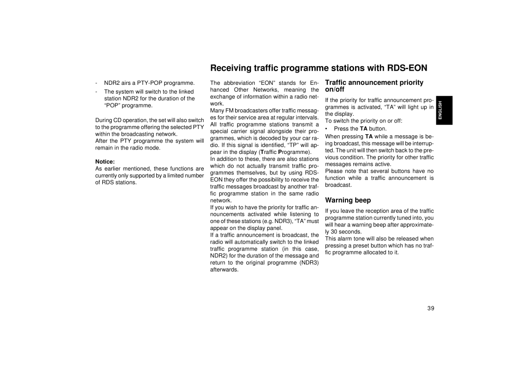 Blaupunkt RD 126 Receiving traffic programme stations with RDS-EON, Traffic announcement priority, On/off 