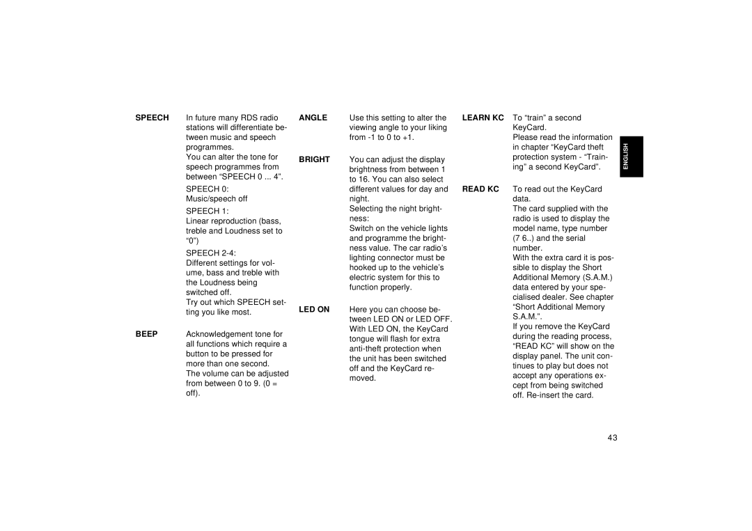 Blaupunkt RD 126 operating instructions Angle, Learn KC, Bright, Read KC, LED on 