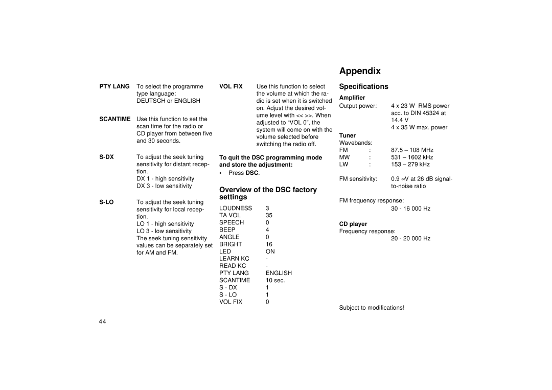 Blaupunkt RD 126 operating instructions Appendix, Overview of the DSC factory settings, Specifications, PTY Lang, Scantime 