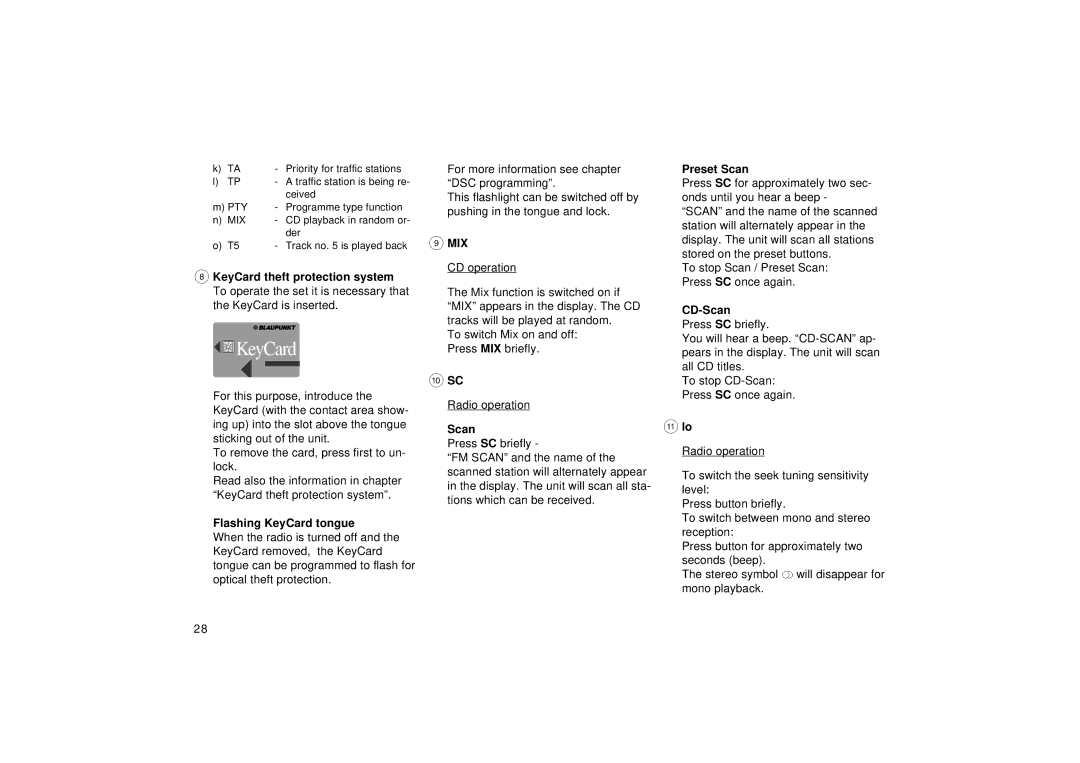 Blaupunkt RD 126 operating instructions Flashing KeyCard tongue, Mix, Preset Scan, CD-Scan 