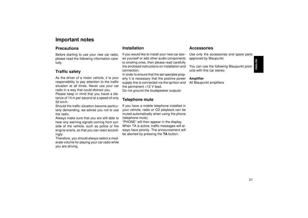 Blaupunkt RD 126 Important notes, Precautions Installation Accessories, Traffic safety, Telephone mute, Amplifier 