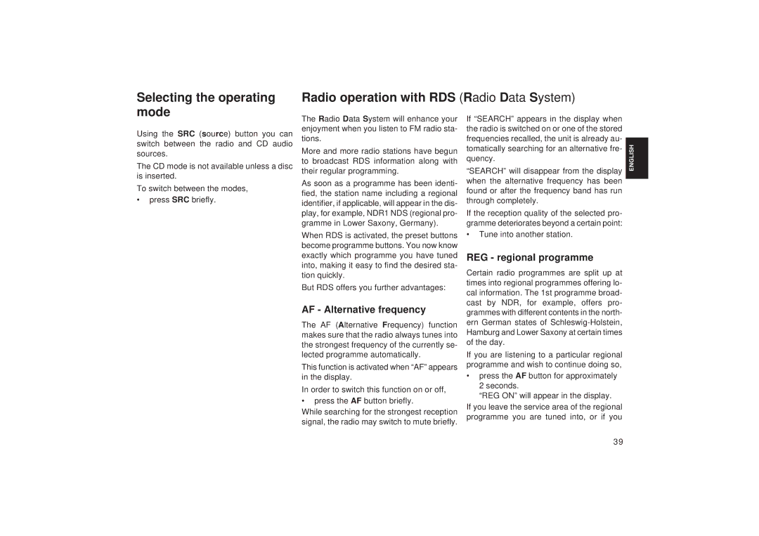 Blaupunkt RD 148 operating instructions AF Alternative frequency, REG regional programme 