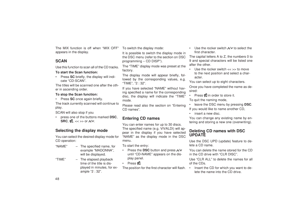 Blaupunkt RD 148 operating instructions Selecting the display mode, Entering CD names, Deleting CD names with DSC Update 