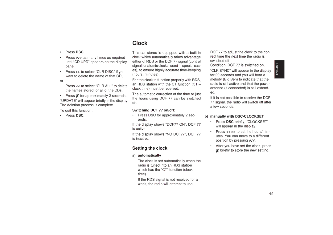 Blaupunkt RD 148 Clock, Setting the clock, Switching DCF 77 on/off, Automatically, Manually with DSC-CLOCKSET 