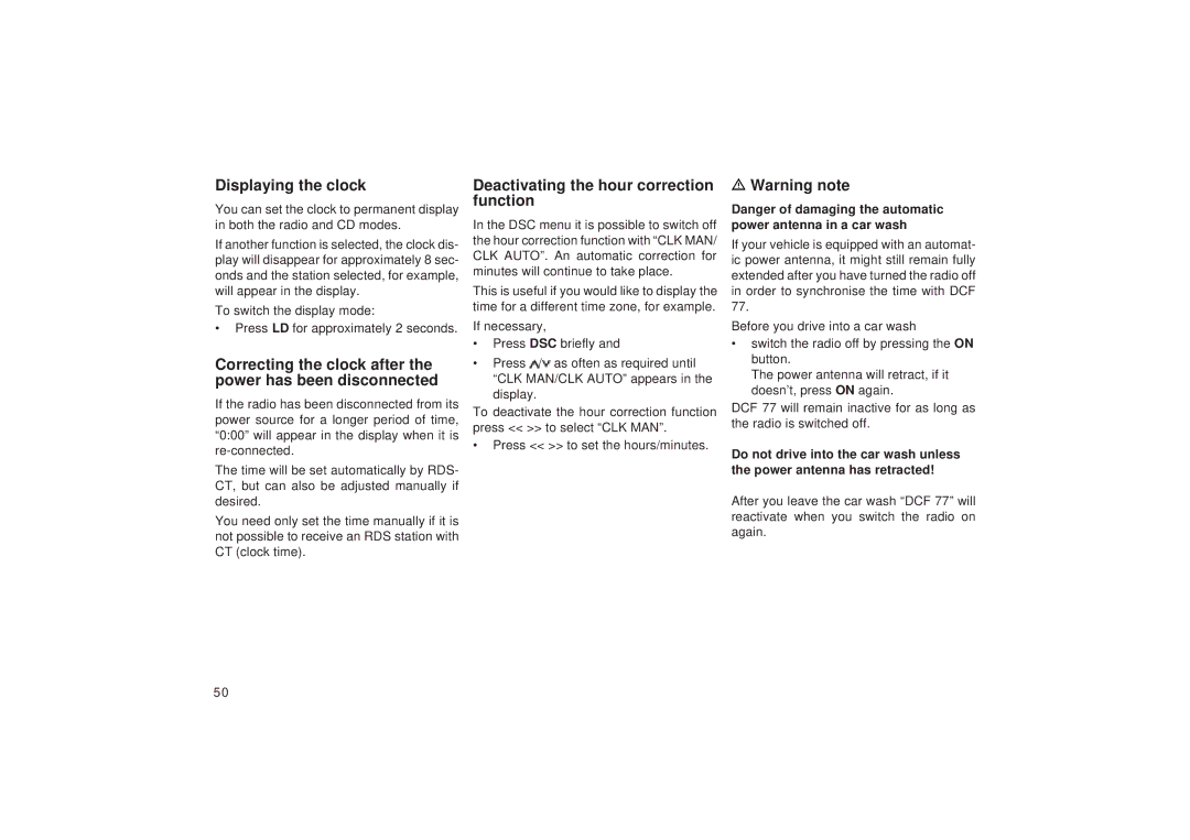 Blaupunkt RD 148 operating instructions Displaying the clock, Correcting the clock after the power has been disconnected 