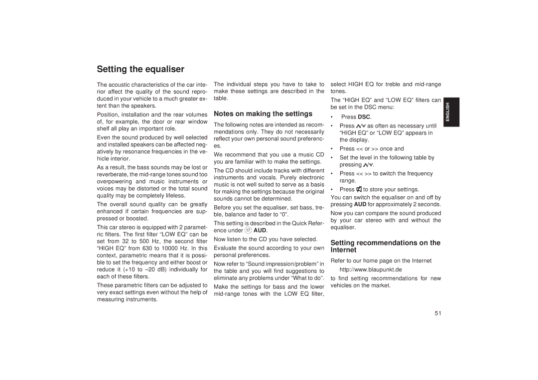 Blaupunkt RD 148 operating instructions Setting the equaliser, Setting recommendations on the Internet 