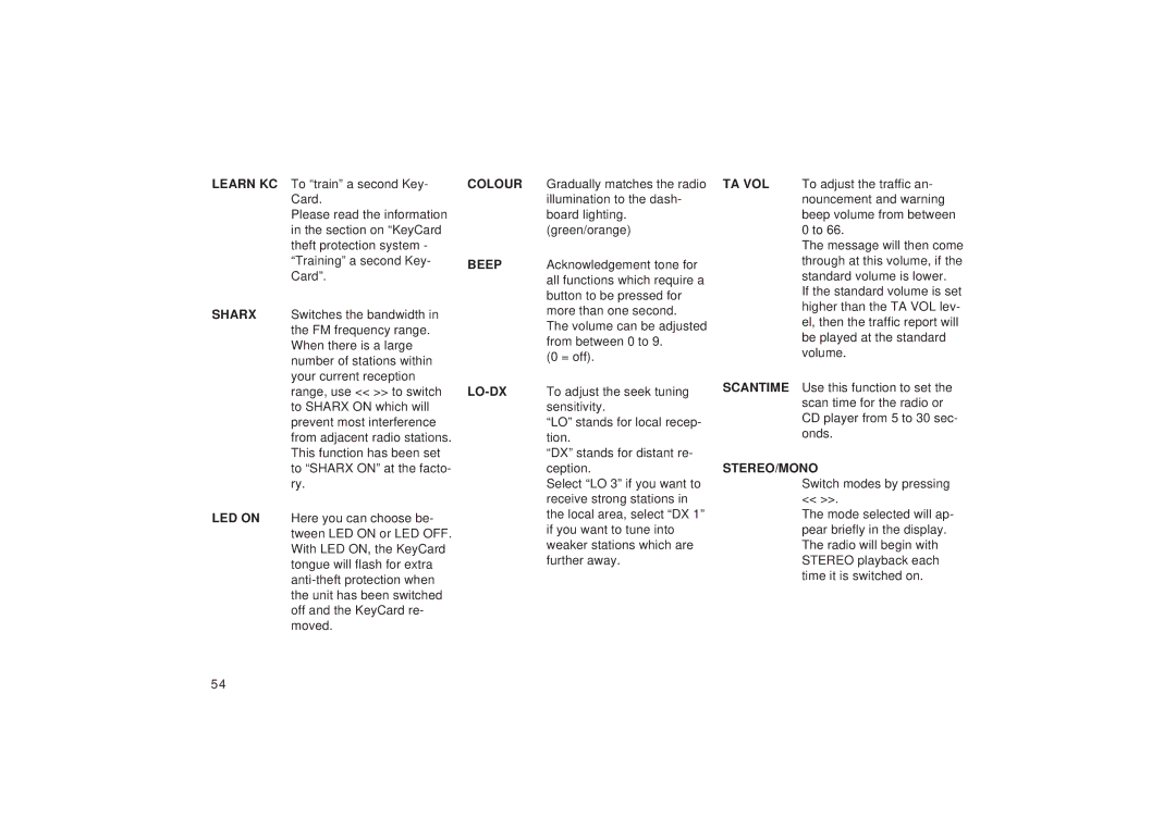 Blaupunkt RD 148 operating instructions Learn KC To train a second Key- Card, Stereo/Mono 