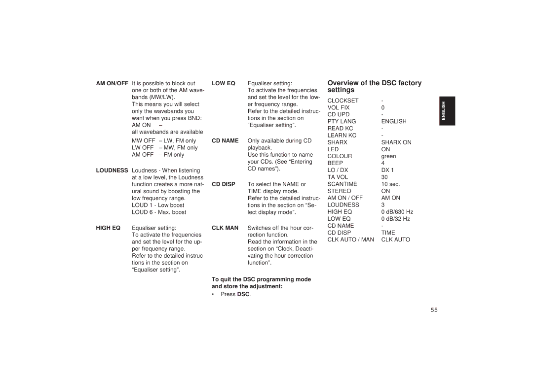 Blaupunkt RD 148 operating instructions Overview of the DSC factory settings 