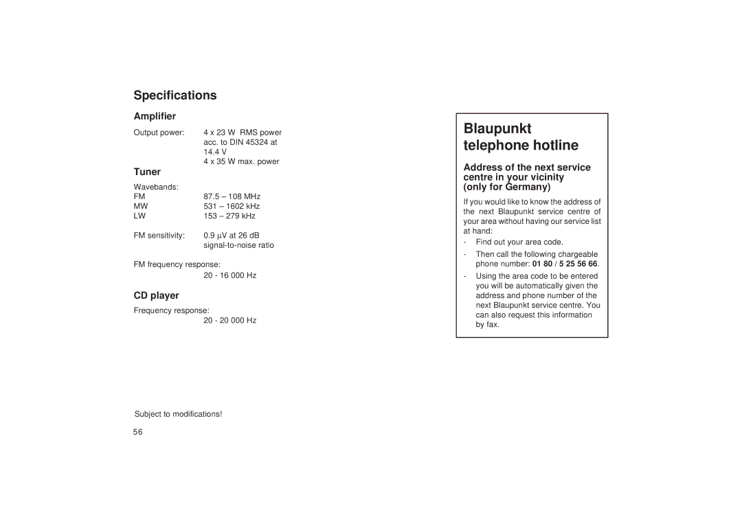 Blaupunkt RD 148 operating instructions Specifications, Amplifier, Tuner, CD player 