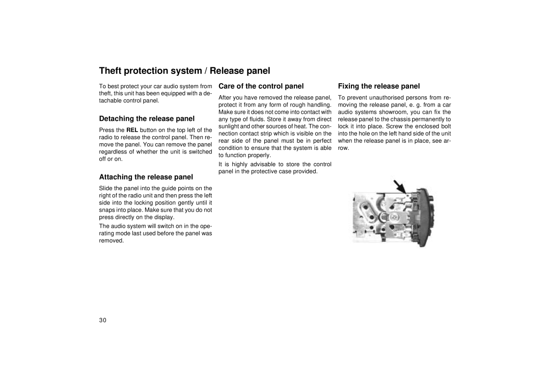 Blaupunkt RD 169 Theft protection system / Release panel, Detaching the release panel, Attaching the release panel 