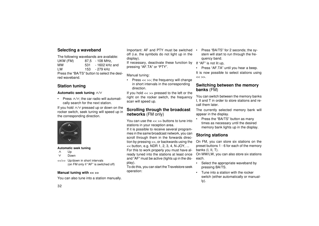 Blaupunkt RD 169 Selecting a waveband, Station tuning, Switching between the memory, Banks FM, Networks FM only 