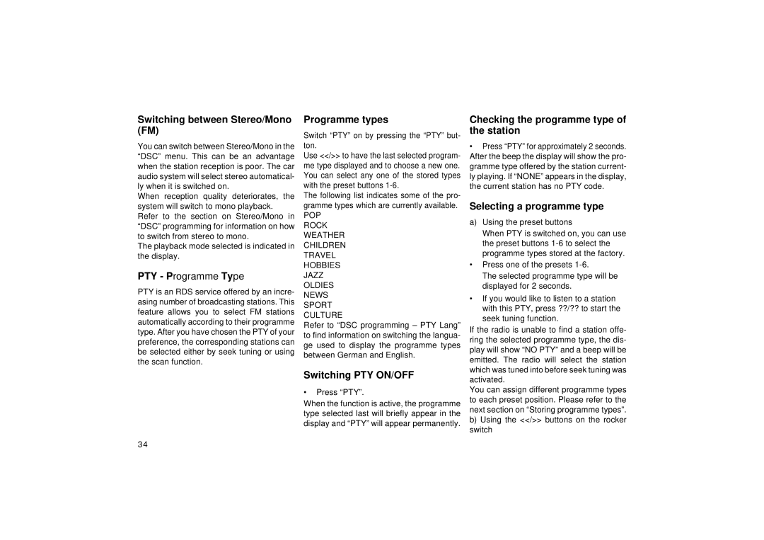 Blaupunkt RD 169 operating instructions Selecting a programme type, Switching PTY ON/OFF 