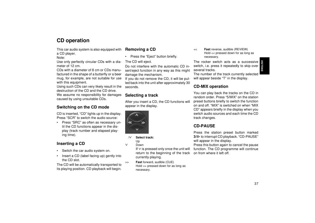 Blaupunkt RD 169 Switching on the CD mode, Inserting a CD, Removing a CD, Selecting a track, CD-MIX operation 