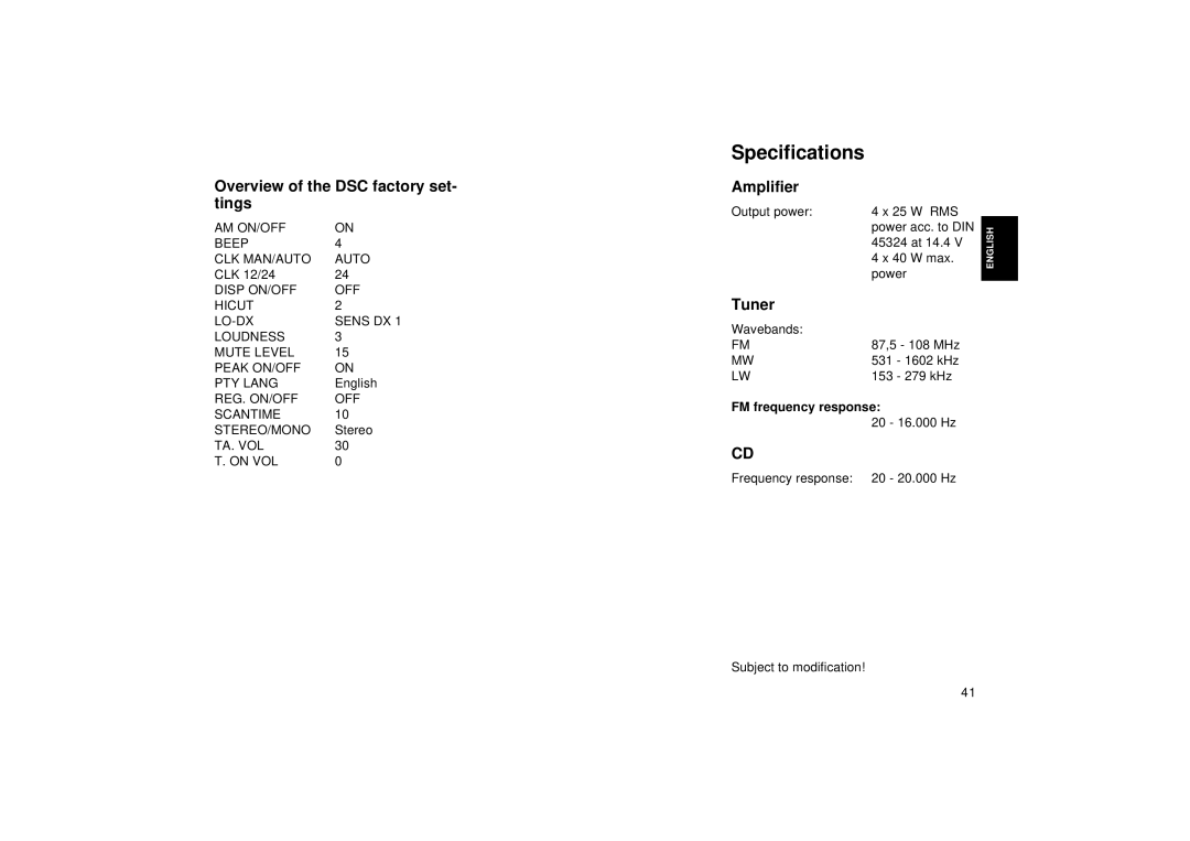 Blaupunkt RD 169 Specifications, Overview of the DSC factory set- tings, Amplifier, Tuner, FM frequency response 