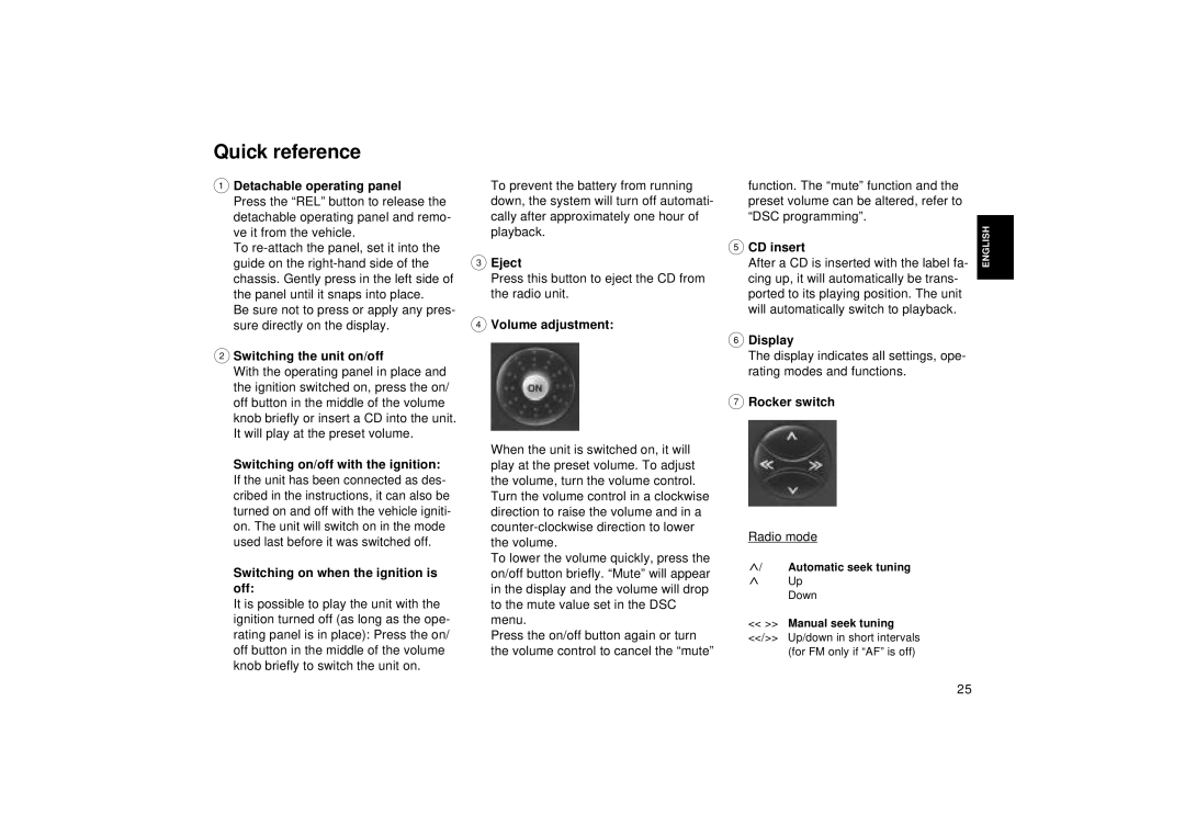 Blaupunkt RD 169 operating instructions Quick reference 