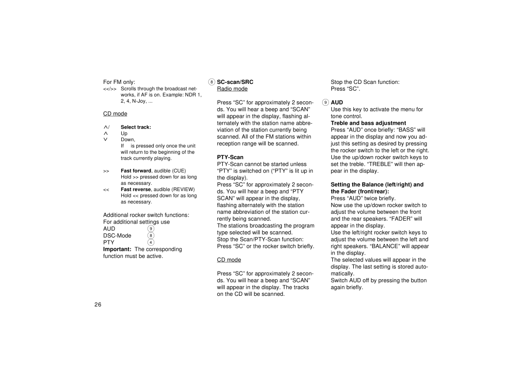 Blaupunkt RD 169 PTY-Scan, Aud, Treble and bass adjustment, Setting the Balance left/right and the Fader front/rear 