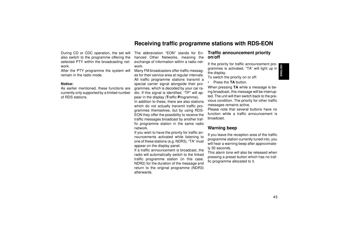 Blaupunkt RDM 126 Receiving traffic programme stations with RDS-EON, Traffic announcement priority, On/off 