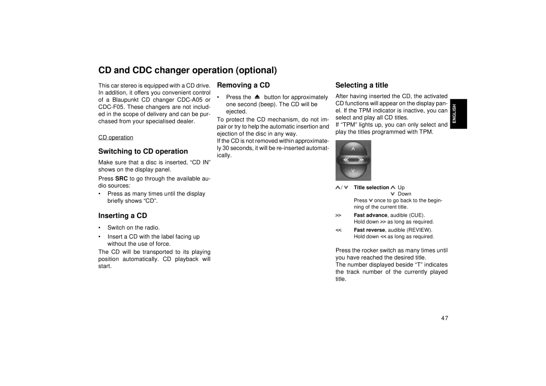 Blaupunkt RDM 126 CD and CDC changer operation optional, Switching to CD operation, Removing a CD, Selecting a title 