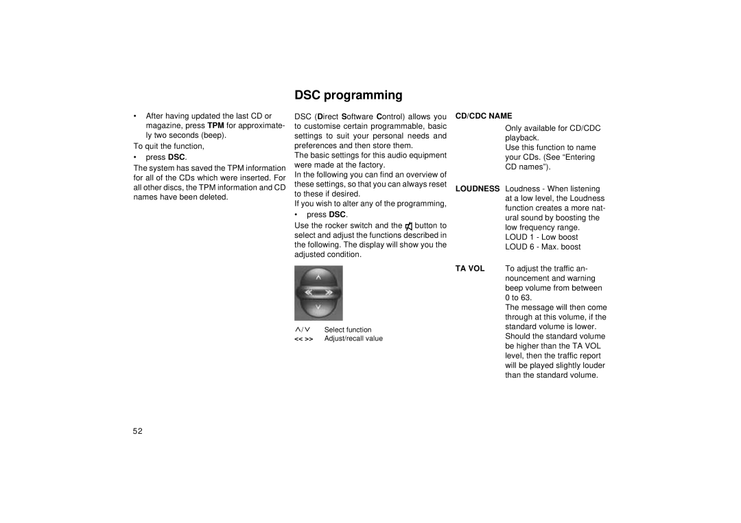 Blaupunkt RDM 126 operating instructions DSC programming, CD/CDC Name 