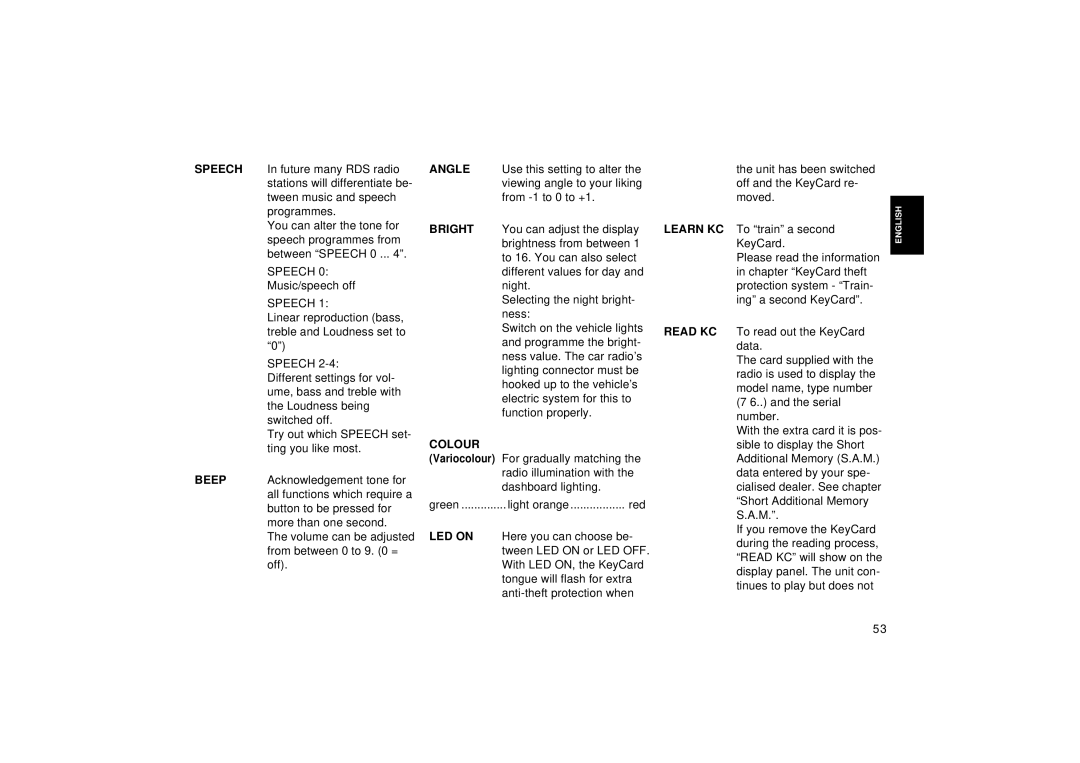 Blaupunkt RDM 126 operating instructions Colour, Learn KC, Read KC 