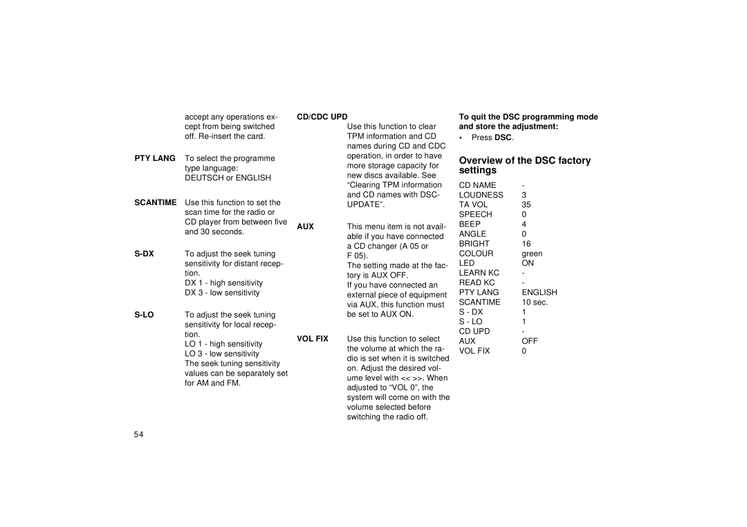 Blaupunkt RDM 126 operating instructions Overview of the DSC factory settings 