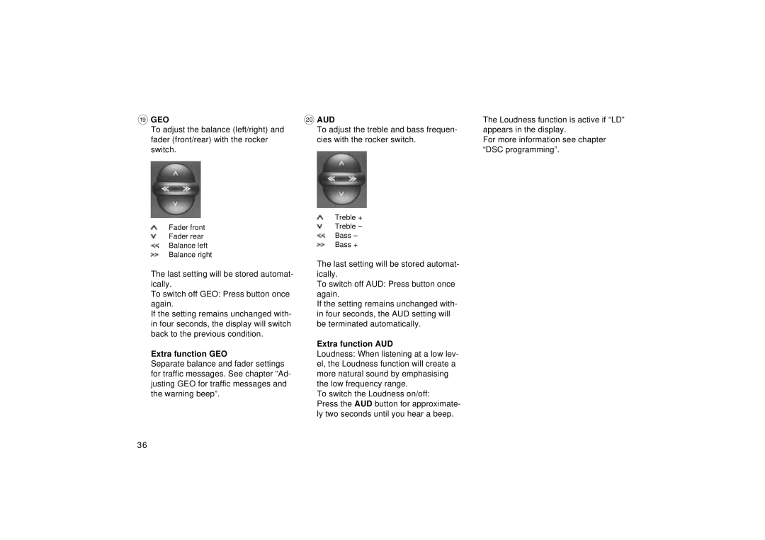 Blaupunkt RDM 126 operating instructions Geo, Aud, Extra function GEO, Extra function AUD 