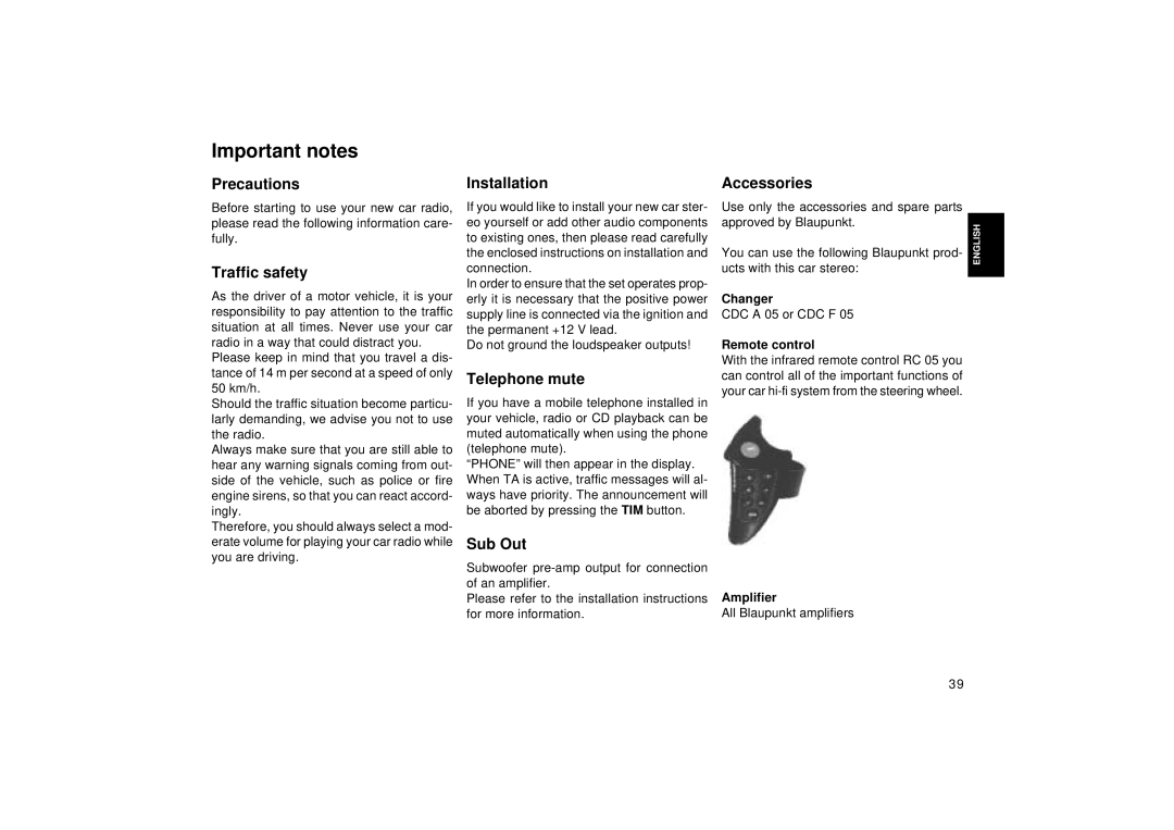 Blaupunkt RDM 126 operating instructions Important notes 