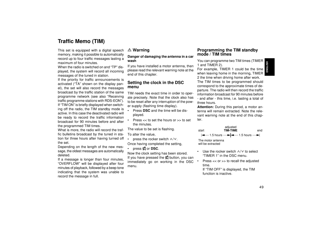 Blaupunkt RDM 126 operating instructions Traffic Memo TIM, Programming the TIM standby mode / TIM times, Wash 