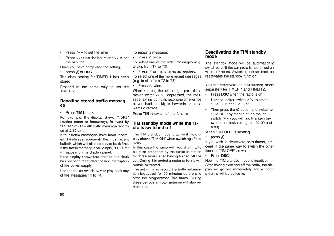 Blaupunkt RDM 126 Deactivating the TIM standby, Mode, Recalling stored traffic messag, TIM standby mode while the ra 