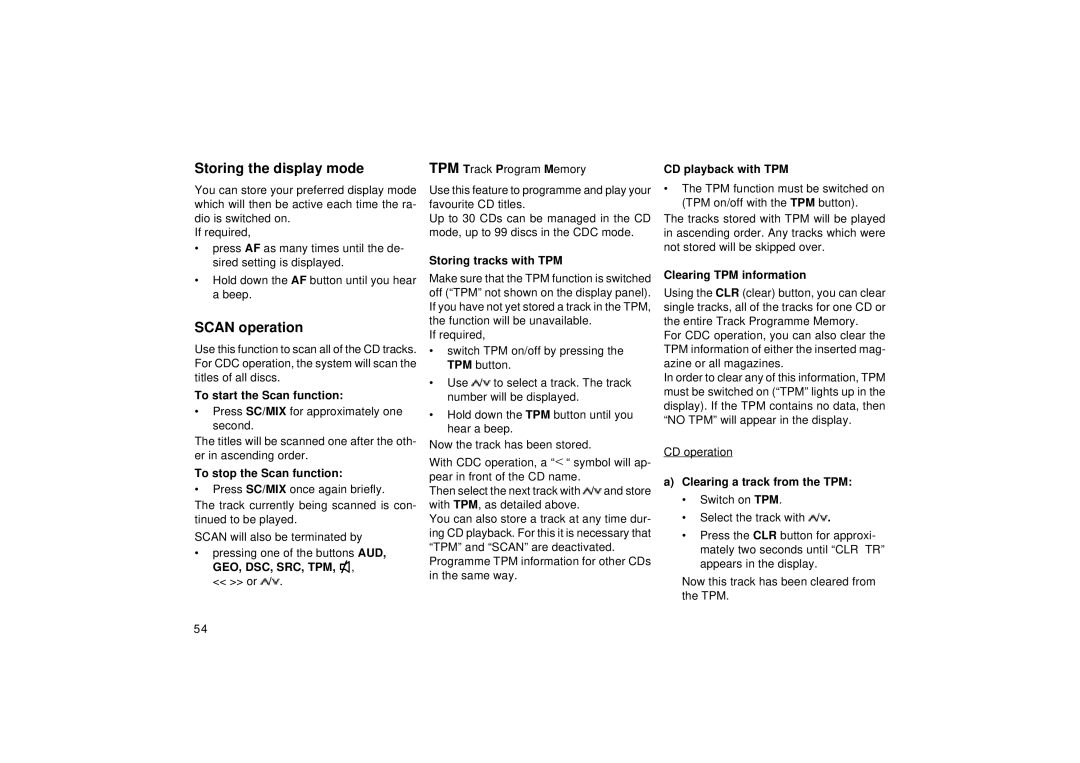 Blaupunkt RDM 126 operating instructions Storing the display mode, Scan operation 