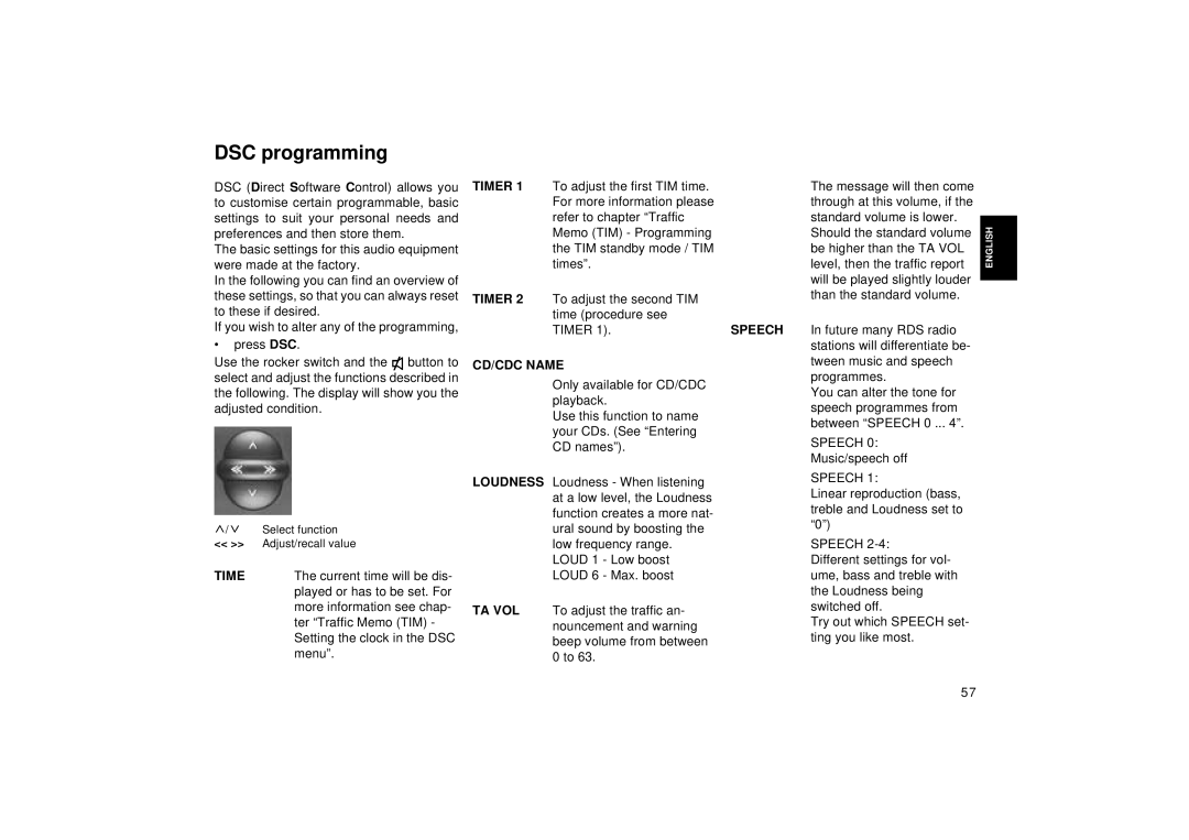 Blaupunkt RDM 126 operating instructions DSC programming, Timer, Speech, CD/CDC Name 