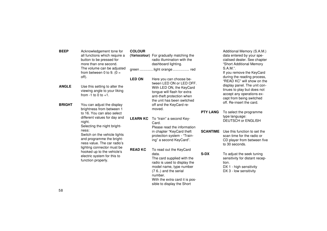 Blaupunkt RDM 126 operating instructions Colour, LED on, PTY Lang, Learn KC, Scantime, Read KC 