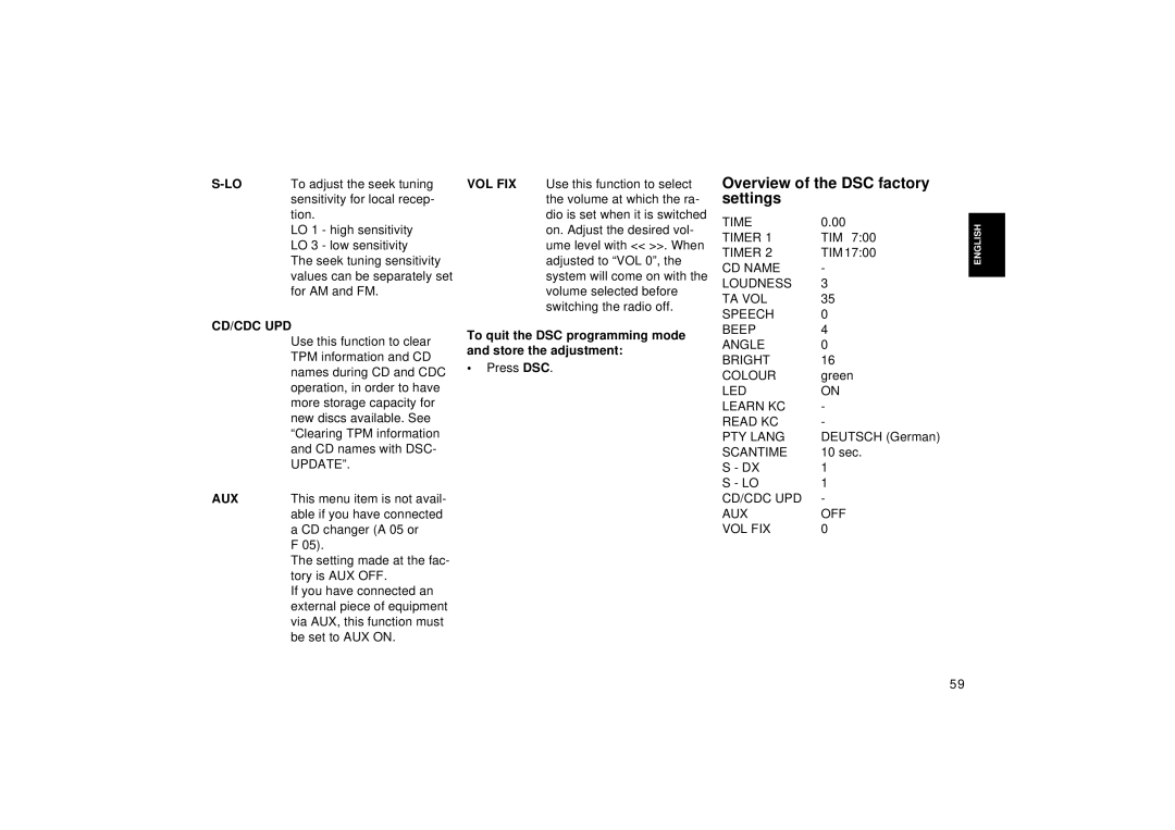 Blaupunkt RDM 126 operating instructions Overview of the DSC factory settings, Cd/Cdc Upd, Aux 