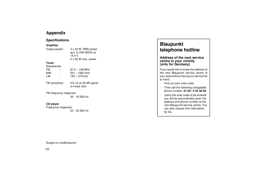 Blaupunkt RDM 126 operating instructions Appendix, Specifications, Tuner, CD player 