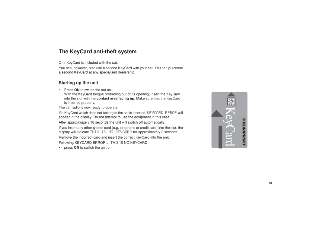 Blaupunkt RDM 127 operating instructions KeyCard anti-theft system, Starting up the unit 