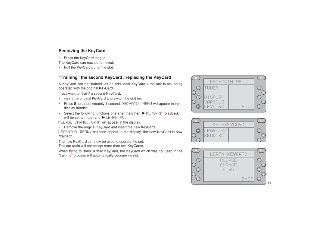 Blaupunkt RDM 127 Removing the KeyCard, Training the second KeyCard / replacing the KeyCard, DSC-MAIN Menu 