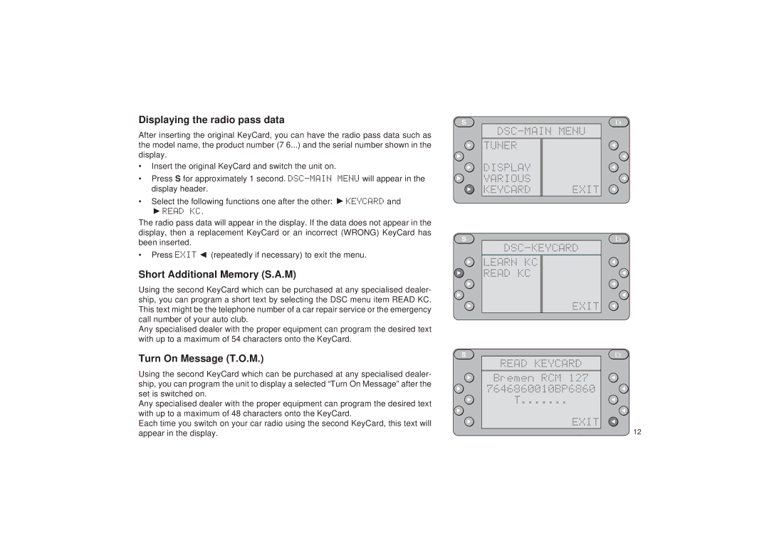 Blaupunkt RDM 127 Displaying the radio pass data, Short Additional Memory S.A.M, Turn On Message T.O.M 