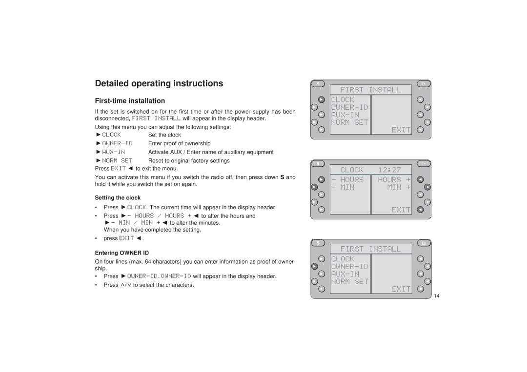 Blaupunkt RDM 127 Detailed operating instructions, First-time installation, Setting the clock, Entering Owner ID 