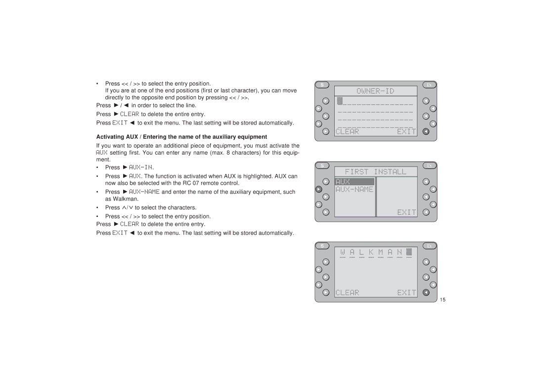 Blaupunkt RDM 127 operating instructions OWNER-ID Clear Exit First Install, Aux, AUX-NAME Exit L K M a N Clear Exit 