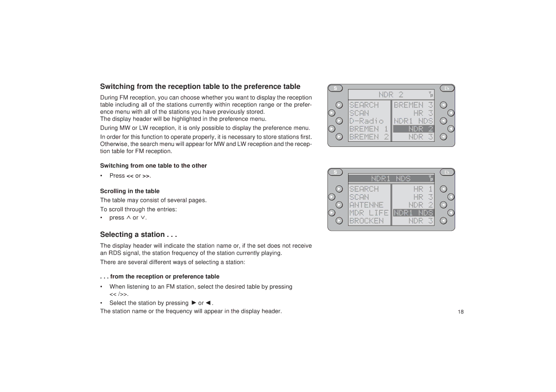 Blaupunkt RDM 127 Switching from the reception table to the preference table, Selecting a station, Ndr, NDR1 NDS 