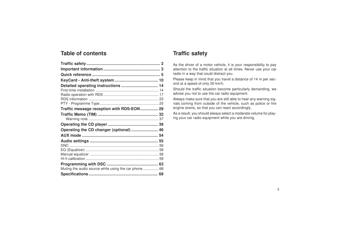 Blaupunkt RDM 127 operating instructions Table of contents, Traffic safety 