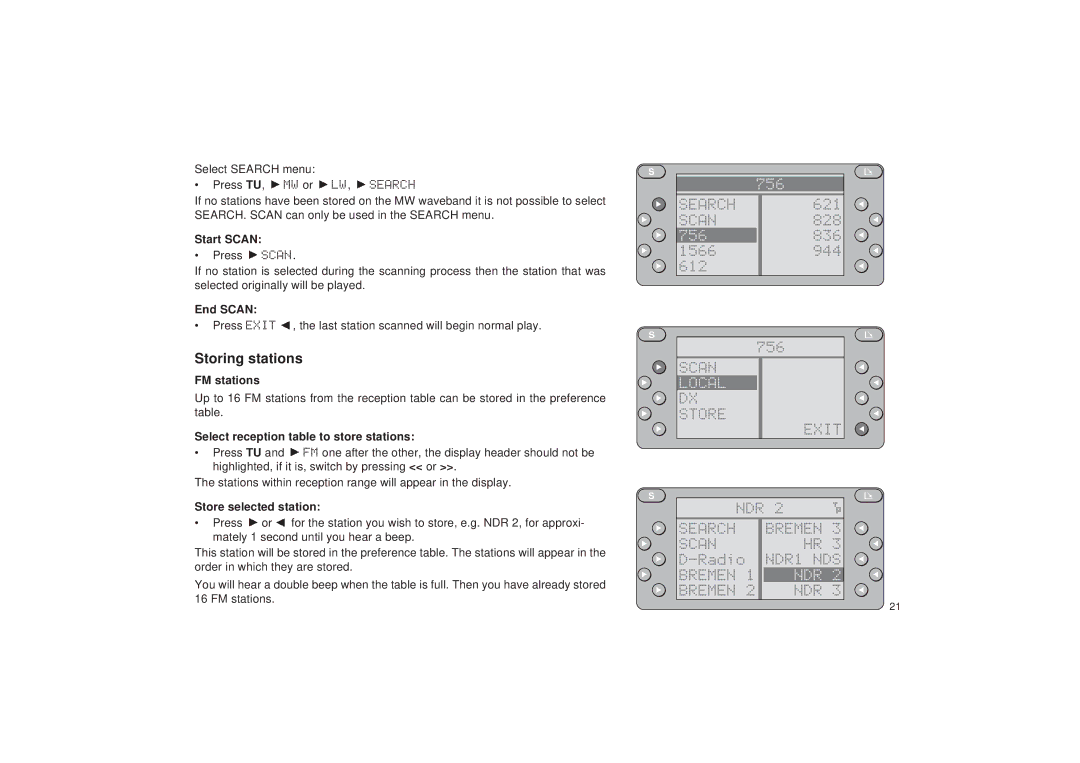 Blaupunkt RDM 127 Storing stations, Store Exit NDR Search Bremen Scan, FM stations, Store selected station 