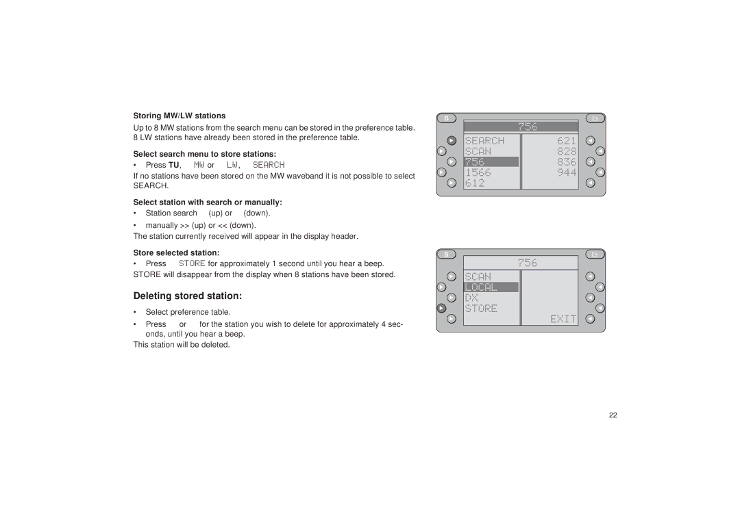 Blaupunkt RDM 127 Deleting stored station, Local DX Store, Storing MW/LW stations, Select search menu to store stations 