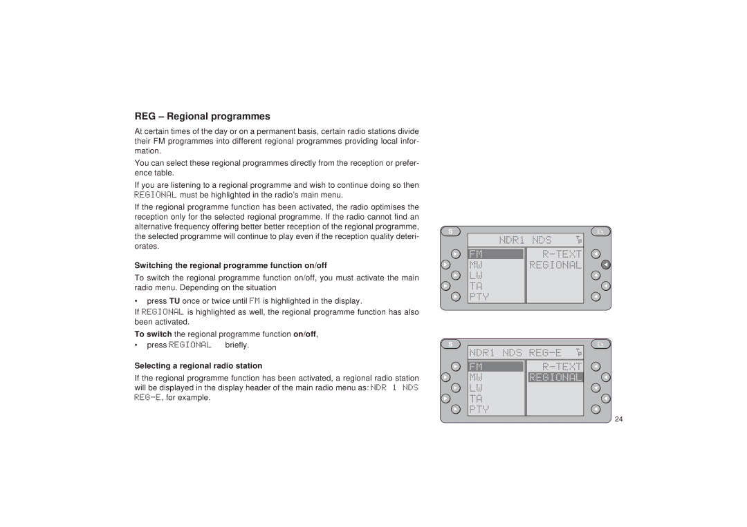 Blaupunkt RDM 127 REG Regional programmes, PTY NDR1 NDS REG-E Text, Switching the regional programme function on/off 