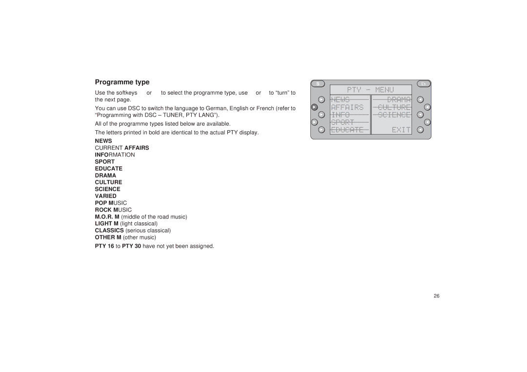 Blaupunkt RDM 127 operating instructions Programme type, PTY Menu News 