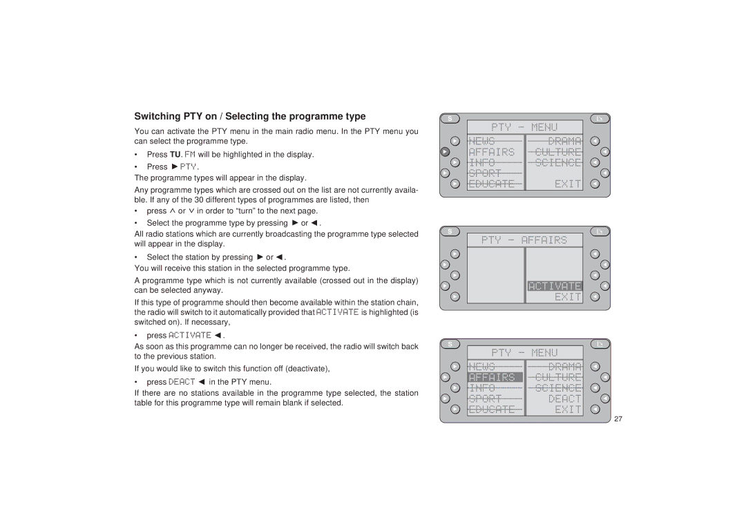 Blaupunkt RDM 127 operating instructions Switching PTY on / Selecting the programme type, Activate, Affairs 