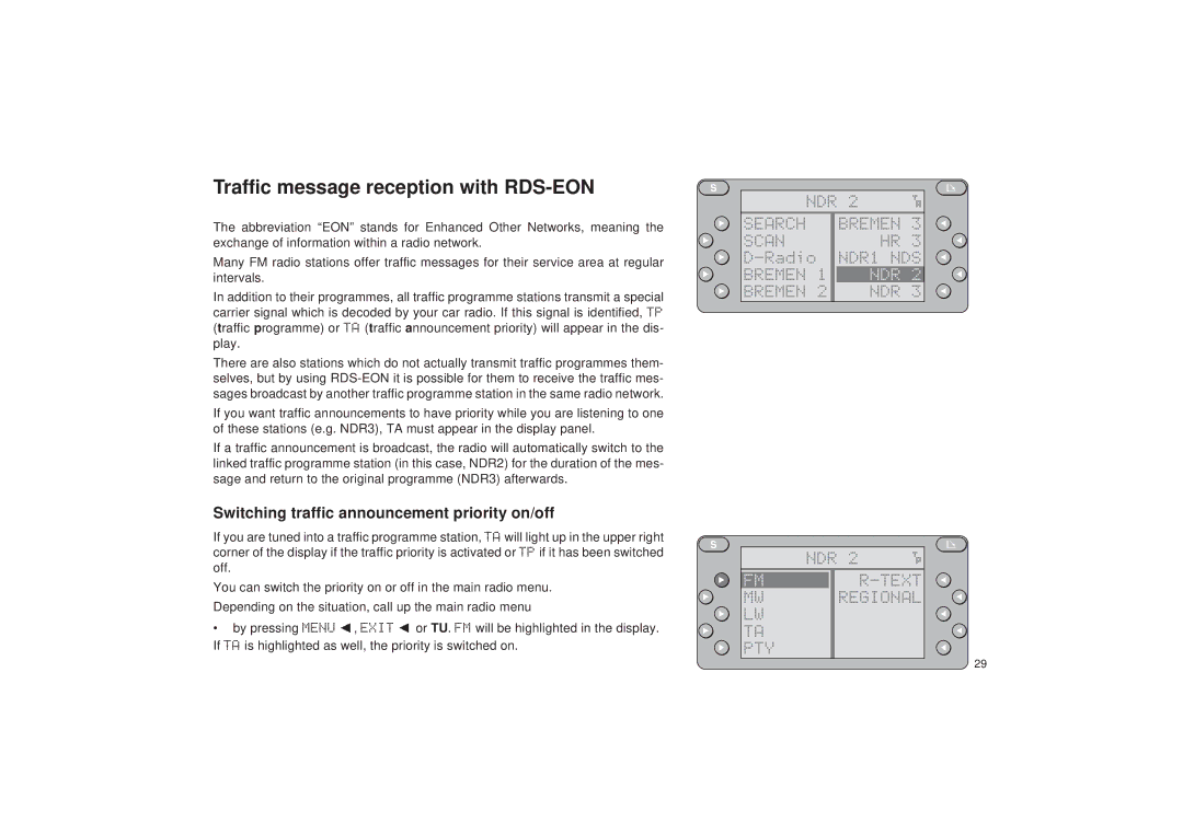 Blaupunkt RDM 127 Traffic message reception with RDS-EON, Switching traffic announcement priority on/off, Search Scan 